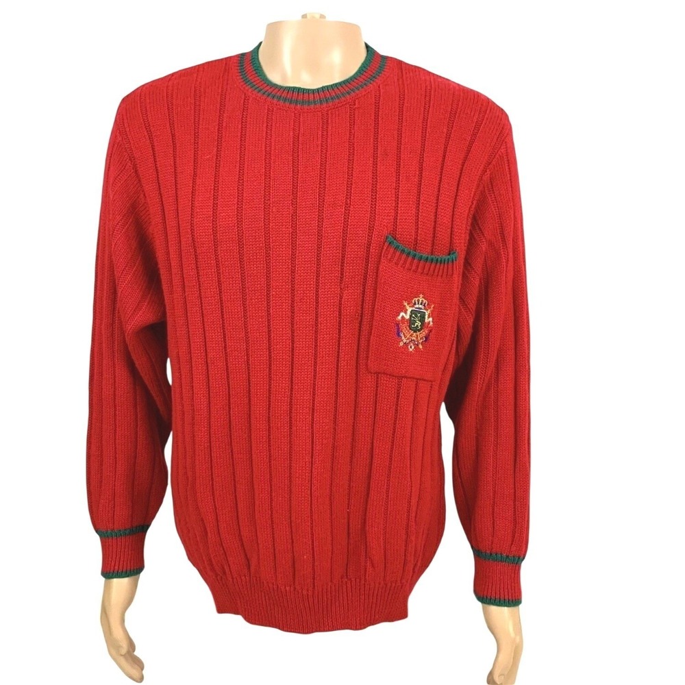 United Colors of Benetton Sweater Mens‎ 46 (L) Wool Blend Red Ribbed Crest Italy